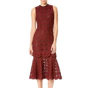 Carolina Herrera New York Silk Crochet Sleeveless Flounce Dress, Wine in XS